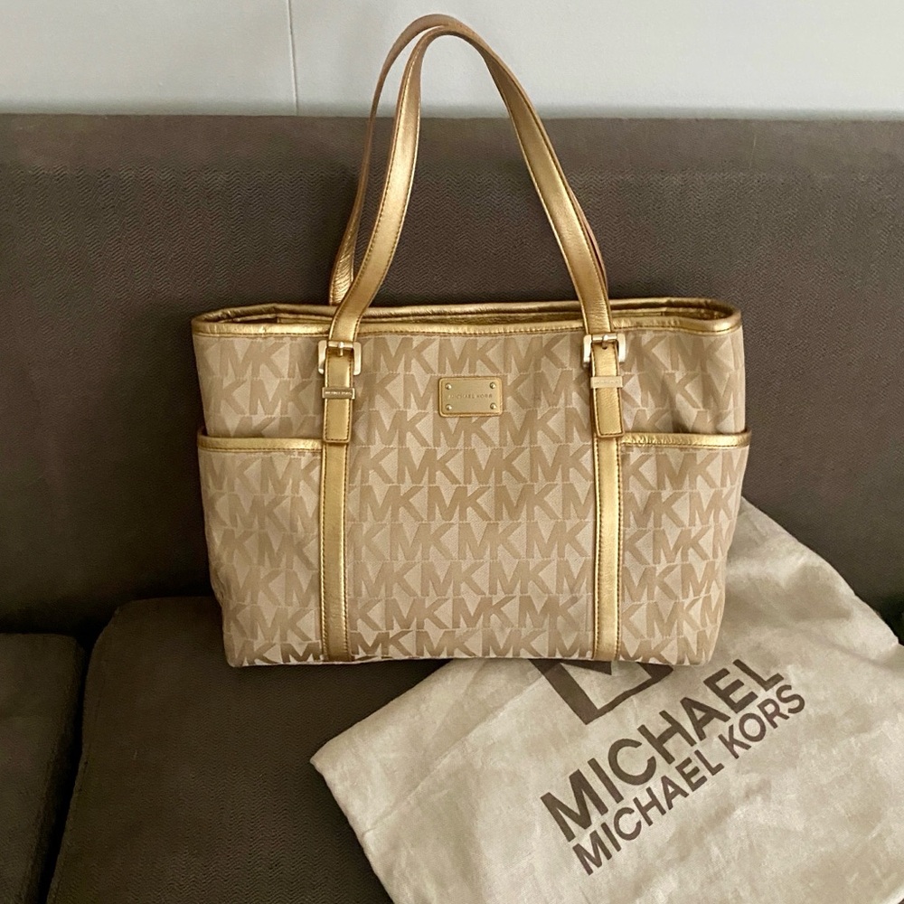 Sold! Michael Kors Signature Tan Khaki Canvas Tote w/Gold-tone Metallic Trim